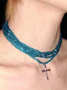 Y2Kool 1pc 5-Layer Cross Necklace With Glass Crystal Suitable For Daily Wear, Unisex - Red - View 5