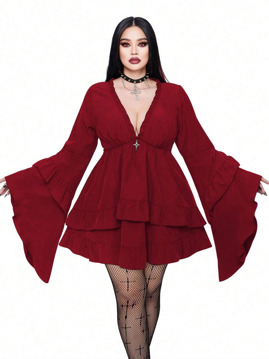 Whyspr Plus Size Women's Punk Dark Sweet Deep V Layered Ruffle Hem Long Sleeve Short Dress, Autumn/Winter - Burgundy - View 1