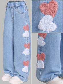 2025 Herbst/Winter Neue Jeans für Kleine Mädchen, modische Herz-Stickerei Lässig Straight Leg Loose Fit Thermofutter Jeans, bequeme Vintage gewaschene Blau Jeans mit mittlerer Taille, geeignet für Straße, Lässig, Retro, Streetwear, Loose, Straight Leg, Fitted, Alltag, Schule, Pendeln, Party, Zuhause, Halloween - Mittele Waschung - Übersicht 2