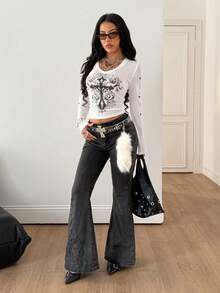 Coolane Women's Y2K Streetwear Daily Wear Casual Stretchy Cross Graphics Bustier V-Neck T-Shirt,Punk Top - White - View 6