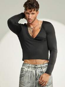 FeverCity Áo thun dệt kim dài tay cổ chữ V ôm sát thường ngày cho nam - màu đen - Xem 3