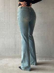 Jeanoix 女式休闲百搭日常拼接低腰喇叭牛仔裤 - 中等水洗藍 - 查看 2