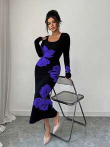 Elenzga Vestido de punto ajustado con cuello cuadrado y cintura de jacquard - azul real - Ver 3