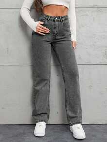 SHEIN Tall TALL Size100%Cotton Slant Pocket Straight Leg Jeans - Light Grey - View 4
