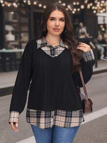 SHEIN LUNE 大码女式休闲/工作通勤罗纹针织格子拼接二合一上衣，春秋季 - 彩色 - 查看 8