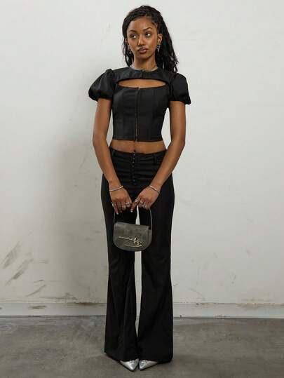 COUREZ 泡泡袖镂空束身胸衣 / Y2K 秋冬女装 冬季女装 外出上衣 外出穿搭 派对穿搭 派对上衣 黑色上衣 新年性感