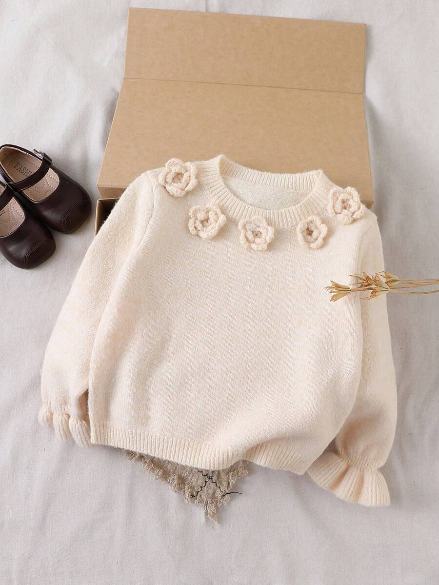 SHEIN Playful Pals 女童复古手工钩编厚针织套头衫,杏黄色,圆领,长袖,秋冬,时尚优雅的荷叶边袖口和下摆细节 - 杏色 - 查看 1