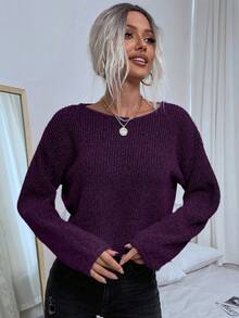 EMERY ROSE Women's Solid Color Minimalist Casual Crew Neck Long Sleeve Sweater - Purple - View 6