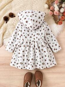 SHEIN Toddler Girls' Sweet Ditsy Floral Hooded Thick Casual Minimalist Jacket, Autumn/Winter - Apricot - View 2