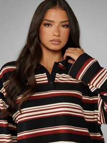 MISSGUIDED Striped Long Sleeve Rugby Polo Shirt With Collar Button Front Casual Fall Winter Top - BLACK AND RED - View 3