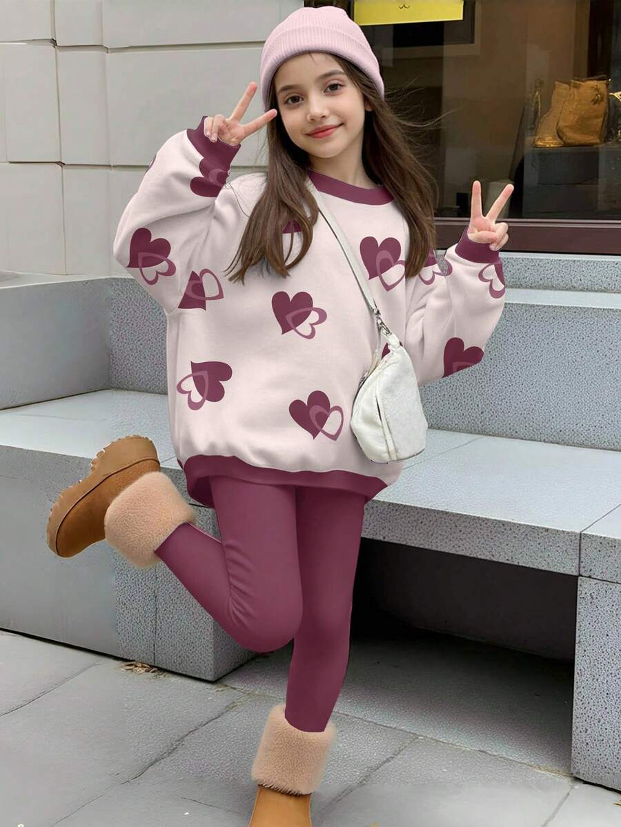 2 件套青少年女孩休闲时尚可爱心形印花圆领运动衫和紧身裤套装，适合秋冬季 - 彩色 - 查看 1