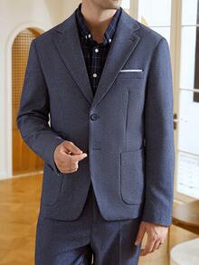 Manfinity Bizformal 男士纯色直领长袖前扣时尚商务西装 T2527，蓝色