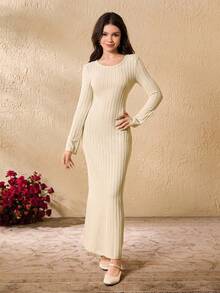 Elegant Minimalist Fashion Daily Round Neck Raglan Long Sleeve Cinched Waist Snug Fit Dress, Soft Ribbed Knit Fabric, Apricot Color, Versatile All-Match Slip Dress For Teenage Girls, Autumn/Winter - Apricot - View 4