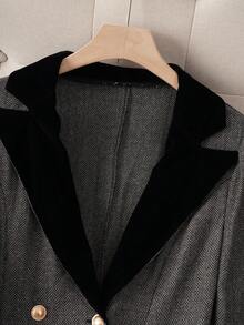 SHEIN Franclia Bộ vest vest nữ có ve áo cài nút kim loại và quần ống loe - Xám - Xem 5