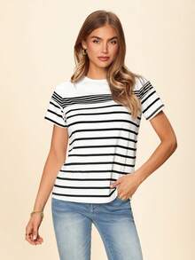 SHEIN LUNE 女式条纹拼布休闲圆领短袖 T 恤，春夏 - 白色 - 查看 3