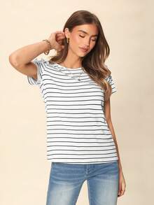 SHEIN LUNE Back Button Black & White Striped Short Sleeve T-Shirt For Women - Black and White - View 4