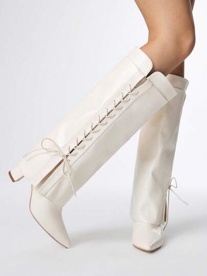 Women's Pointed Toe Lace-Up Chunky Heel Over-The-Knee Boots