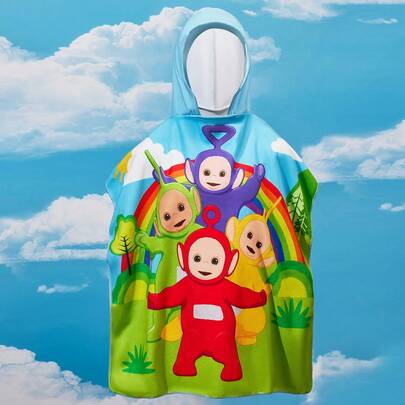 Teletubbies X SHEIN Cute Cartoon Rainbow Grass Pattern Hooded Pullover Colored Children's Bath Towel Smock, Microfiber Super Water Absorption, Instant Drying, No Lint, No Hair Loss, Warm And Cold Proof For 2-6 Years Old, Widely Used, Suitable For Bathing, Swimming, Beach Bathroom