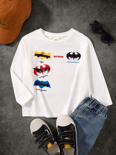 BATMAN X SHEIN Young Boy Casual Oversized Round Neck Drop Shoulder Long Sleeve Loose Knit White T-Shirt