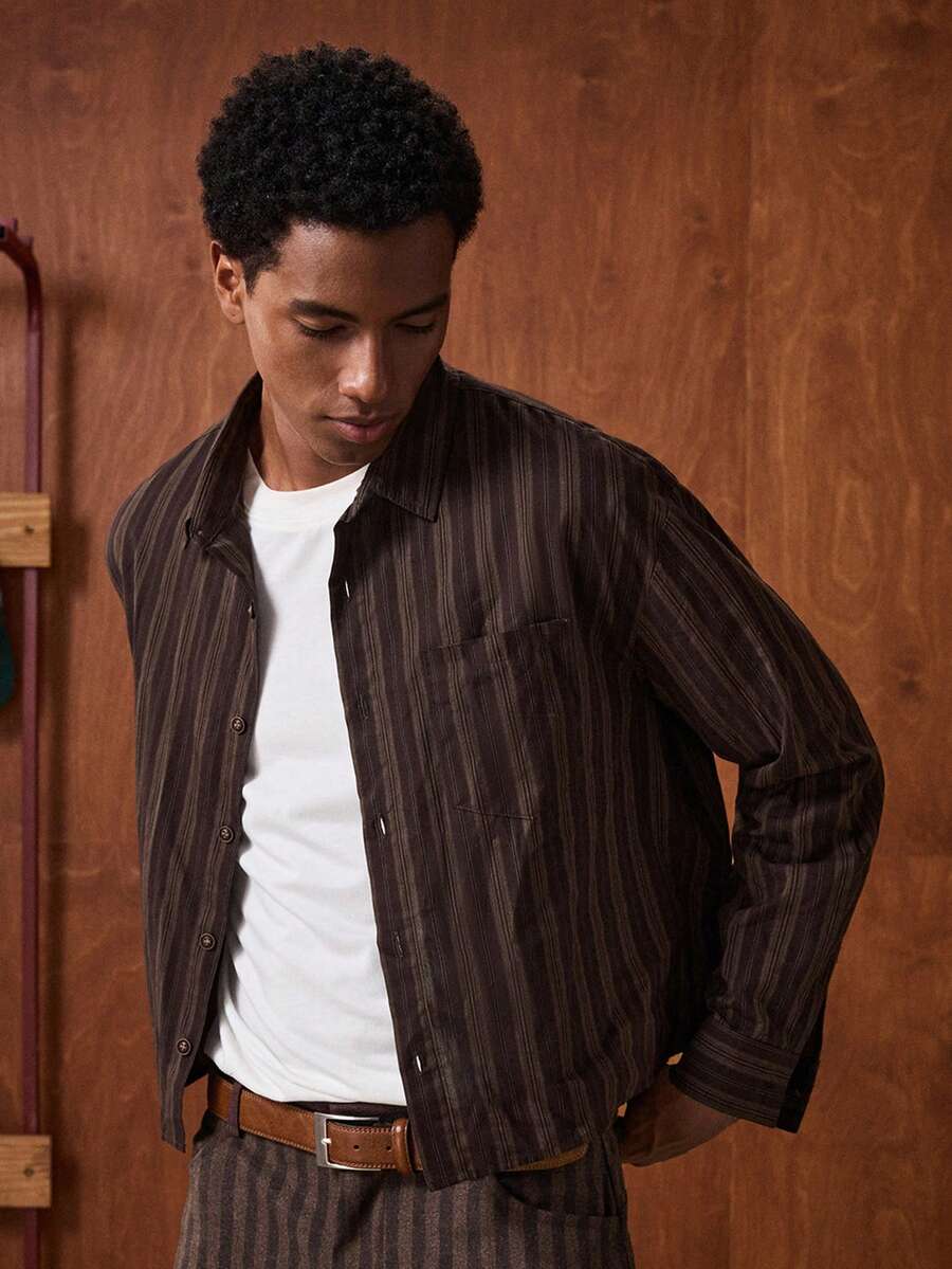 SWAVVY Men's Standard Size Long Sleeve Striped Shirt, Autumn/Winter - Red Violet - View 1