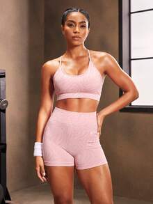Powerista 女士简约时尚运动文胸和短裤套装，休闲日常健身女士套装 - 淺粉色 - 查看 3