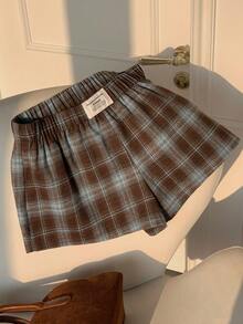 Comfortcana 女式格子印花贴片松紧腰休闲短裤 - 卡其色 - 查看 7