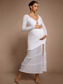MaterniChic Maternity White Autumn Elegant Pregnant Dress, Solid Color Frill Trim Raglan Sleeve Side Slit Fitted Luxury Baby Shower Pregnancy Photoshoot Dress - White - View 4