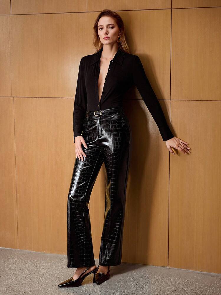 PANTALON DE COSTUME en PU ÉLÉGANT POUR FEMMES, AVEC MOTIF ESTAMPÉ CROCODILE