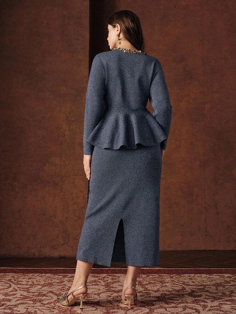 Plus Size Women's Suit Dress, Elegant Luxury Blue Sequin Drip Collar Ruffle Blouse & Elastic Waist Glitter Pencil Skirt, Suitable For Christmas, Halloween, Autumn/Winter