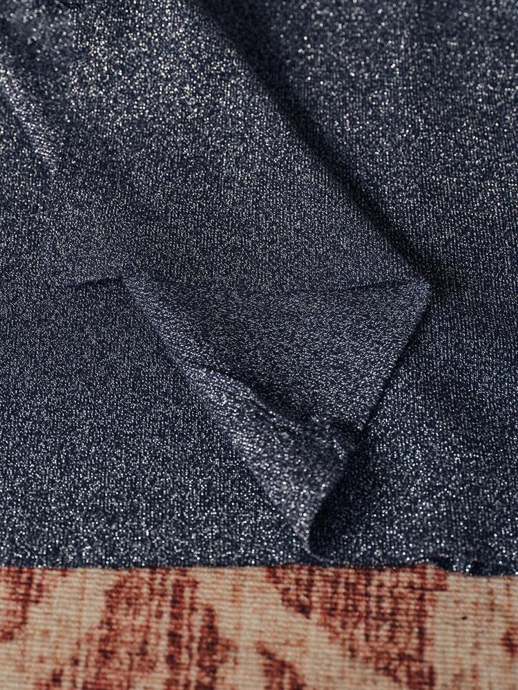 Plus Size Women's Suit Dress, Elegant Luxury Blue Sequin Drip Collar Ruffle Blouse & Elastic Waist Glitter Pencil Skirt, Suitable For Christmas, Halloween, Autumn/Winter