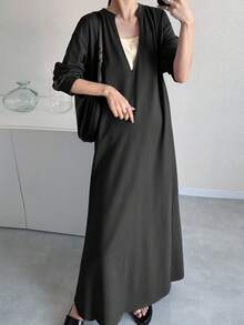 FRIFUL 女式宽松深 V 领落肩长袖开衩休闲长裙，灰色，秋季 - 黑色 - 查看 3