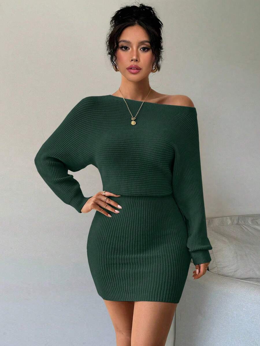 Elenzga Autumn/Winter New Solid Color Cinched Waist Bodycon Knit Dress - Green - View 1