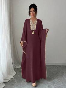 Rafferiza Women's V-Neck Fringe Design Batwing Sleeve Loose Elegant Dress - Burgundy - View 6