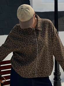 Dazy Plus Plus Size Women Vintage Zipper Front Lapel Leopard Print Denim Jacket, Streetwear Style, Spring/Autumn - Khaki - View 5