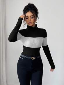 Elenzga Bộ đồ liền thân dài tay cổ lọ chắp vá dành cho nữ, bó sát, màu tương phản, thu/đông - màu đen - Xem 3