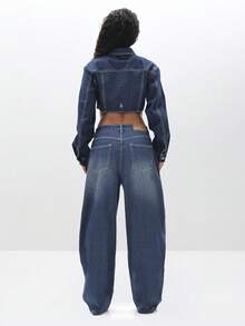 BABYPHAT Cropped Denim Jacket With Embroidered Script Detail And Distressed Finish For Women Fall Winter Outerwear - Dark Wash - View 7