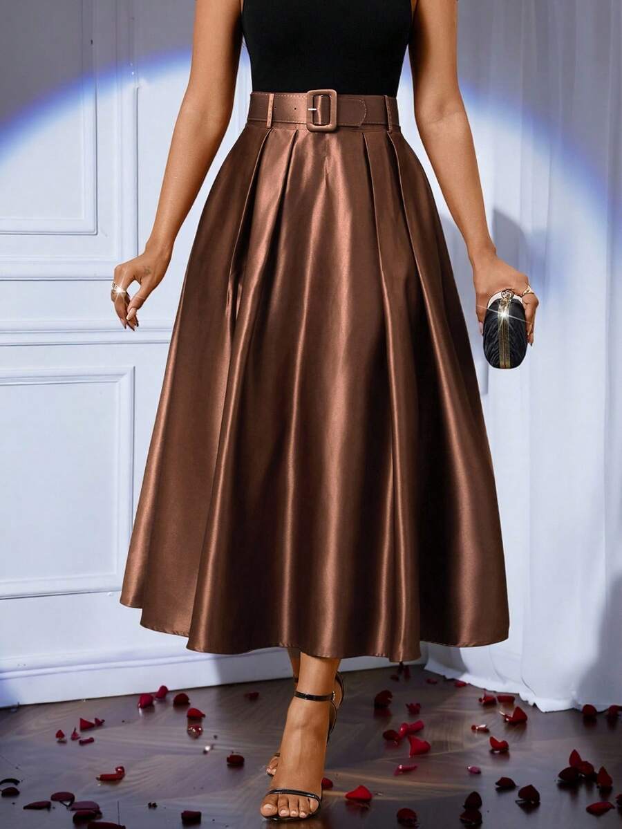 SHEIN Lady 女士优雅纯色褶皱 A 字裙，适合派对 - 棕色 - 查看 1