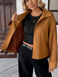 Chiquease Chaqueta elegante de mujer de manga larga y cuello francés, adecuada para primavera, otoño e invierno, blusa de mujer de moda apropiada para ropa de estilo campestre, chaqueta casual - Marrón - Ver 8