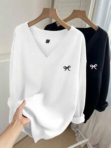 Comfortcana 2 Stücke Schlupfkleid-Set in Große Größen mit Schleifendruck, V-Ausschnitt, locker, warm, geeignet für Herbst & Winter, K-Pop Kleidung, süße Langarm Oberteile, Schleifen Pullover, Damen Sweatshirts, Pullover Oberteile, süße Oberteile mit Grafik