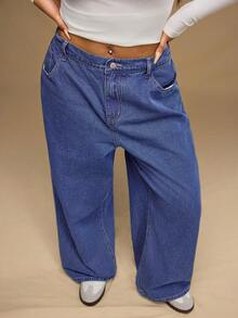 SHEIN Forever 21 大码女式口袋阔腿宽松休闲水洗深蓝色牛仔裤 - 藍色 - 查看 3