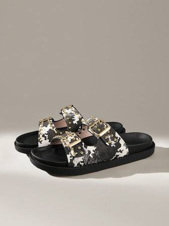 HighSole 女士休闲扣环厚底迷彩拖鞋，适合日常穿着