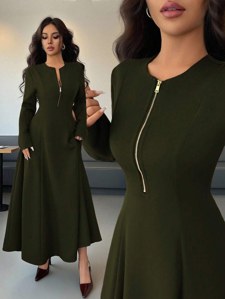 Elenzga Women's Elegant Coffee Brown Round Neck Front Zipper High-End Design Waist Fitted Flared Long Sleeve Midi Dress, Suitable For Commuting In Autumn - Army Green - View 1
