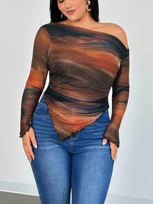 Firerie Plus Size Women's Elegant Romantic Tie Dye Print Long Sleeve Asymmetrical Hem T-Shirt,Fall Clothes For Women