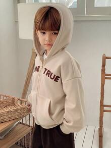 DAZY 男童字母印花拉链卫衣，秋冬季休闲长袖卫衣 - 卡其色 - 查看 5