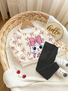 SHEIN 2 件套女婴休闲宽松厚实柔软圆领长袖卫衣和打底裤套装，奶油白和奶油黑，可爱卡通猫咪，豹纹蝴蝶结印花，适合秋冬季 - 彩色 - 查看 3