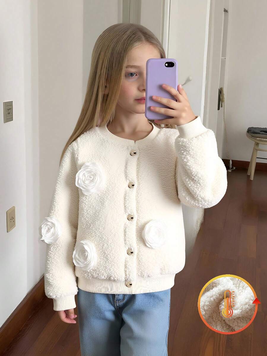 SHEIN Vintaside Kids Vintaside Young Girl/少女极简韩版杏色玫红色加厚仿皮草外套,适合日常穿搭出门拍照,秋冬 - 米色 - 查看 1