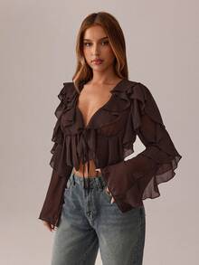 SHEIN SXY Black Top;Fall Women Clothes;Crop Tops;Holiday Costume Party Gathering Black Mesh See-Through Lotus Leaf Strap Deep V Neck Women Sexy Long Sleeve Shirt Brown Blouses Ruffle Tops Sexy Blouses Dark Brown Top Chocolate Brown Top - Brown - View 6
