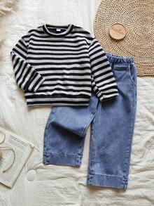 Vintaside Kids 2pcs/Set Girls Striped Sweatshirt & Soft Denim Pants Outfit, Countryside Style, Suitable For Spring, Autumn & Winter - Black and White - View 3