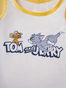 TOM & JERRY X SHEIN 男童可爱卡通图案夏季无袖上衣短裤套装