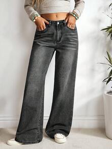 EMERY ROSE Women Casual Relaxed Straight Leg Washed Jeans ,Petite Women - Black - View 1
